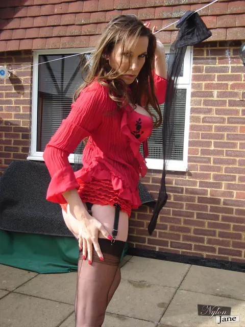 Nylon Jane: Thick Brunette MILF Poses in Lingerie and Heels on the Patio – photo 6 of 15