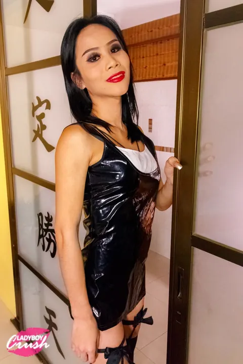 Tall Trans Woman Strips Off Her Latex Dress in Stockings – photo 1 of 16