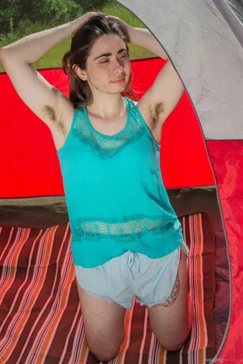 Kisa Fae: Brunette Undresses by the Tent Showing Her Hairy Bush – photo 4 of 21