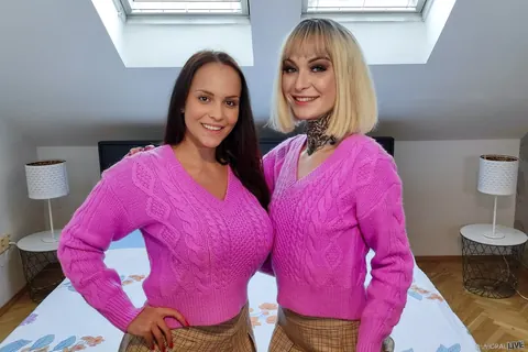 Tabitha Poison: Busty Tall Brunettes Kiss Before a Threesome in the Bedroom – photo 1 of 15