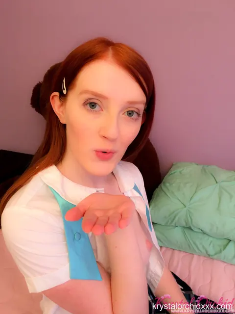 Krystal Orchid: Petite Redhead in Uniform Spreads Her Pussy on the Bed – photo 15 of 15