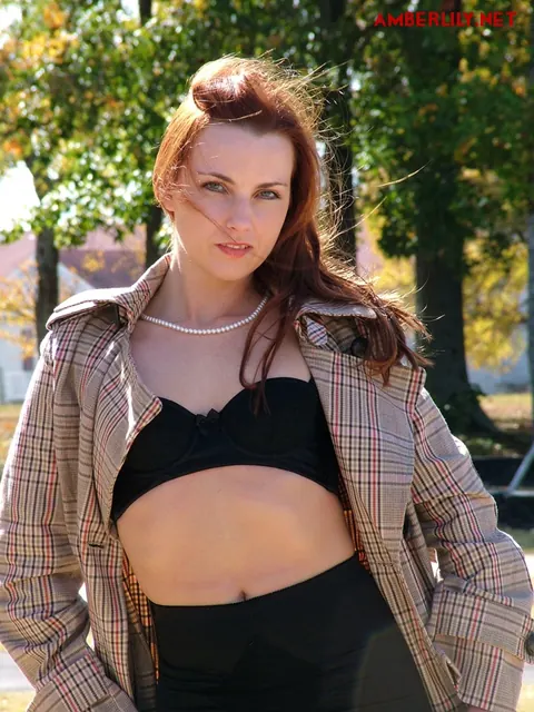 Amber Lily: Redhead MILF Flashes Her Hairy Pussy Outdoors in Stockings – photo 3 of 16
