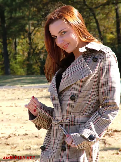 Amber Lily: Redhead MILF Flashes Her Hairy Pussy Outdoors in Stockings – photo 1 of 16