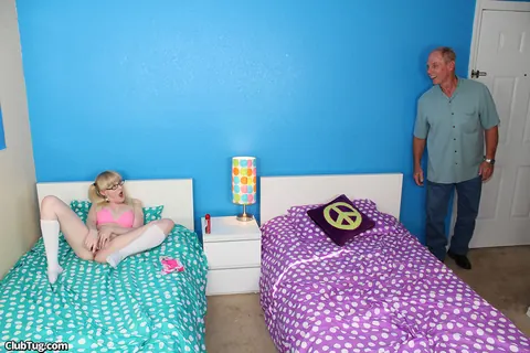 Krystal Orchid: Blonde in Stockings and Glasses Strokes Cock on the Bed – photo 8 of 21