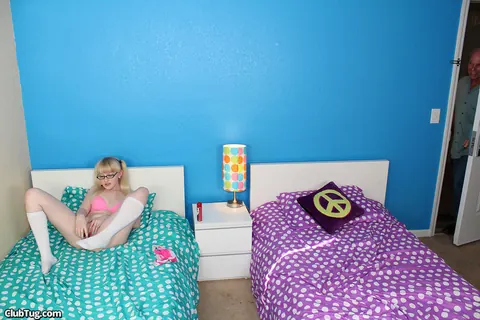 Krystal Orchid: Blonde in Stockings and Glasses Strokes Cock on the Bed – photo 6 of 21