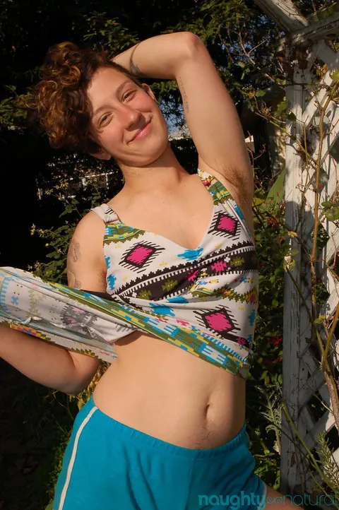 Amateur with Short Hair Spreads Her Hairy Pussy Outdoors – photo 5 of 21