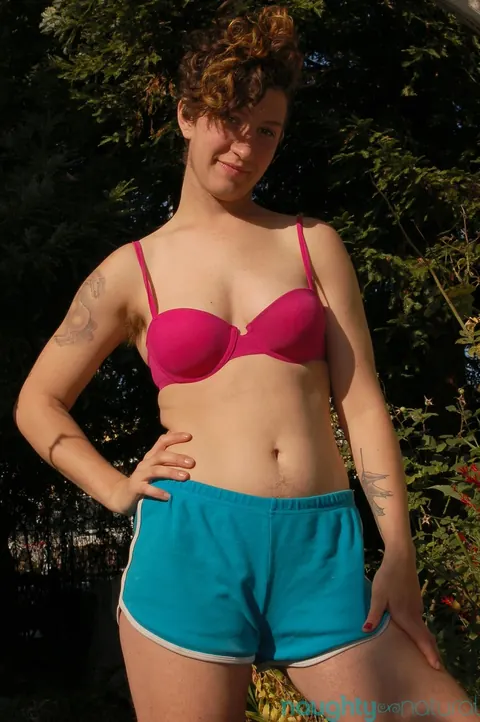 Amateur with Short Hair Spreads Her Hairy Pussy Outdoors – photo 6 of 21