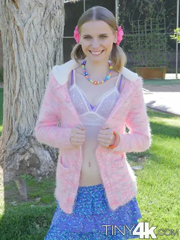 Skinny Blonde Lifts Her Skirt and Spreads Outside