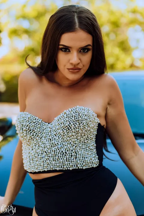 Brook Wright: Busty British Brunette Strips Out of Her Lingerie on a Car Outdoors – photo 3 of 12