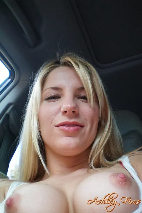 Ashley Fires: Busty Blonde MILF Sucks Cock and Fingers Herself in a Car Outdoors – photo 2 of 16