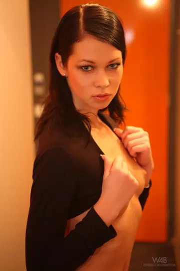 Slim Brunette Shows Off Her Small Natural Tits in Stockings and Heels
