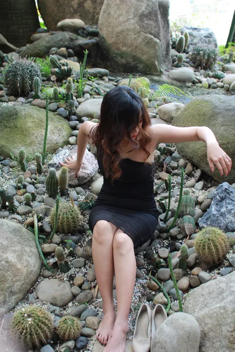 Petite Asian Woman Shows Her Legs in a Dress Outdoors – photo 7 of 21