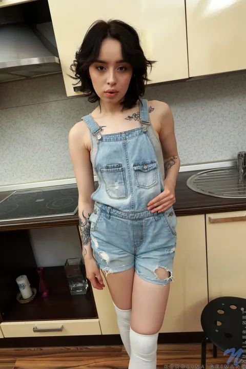 Korolina Beiman: Short-Haired Skinny Brunette Strips Nude in the Kitchen and Spreads – photo 1 of 16