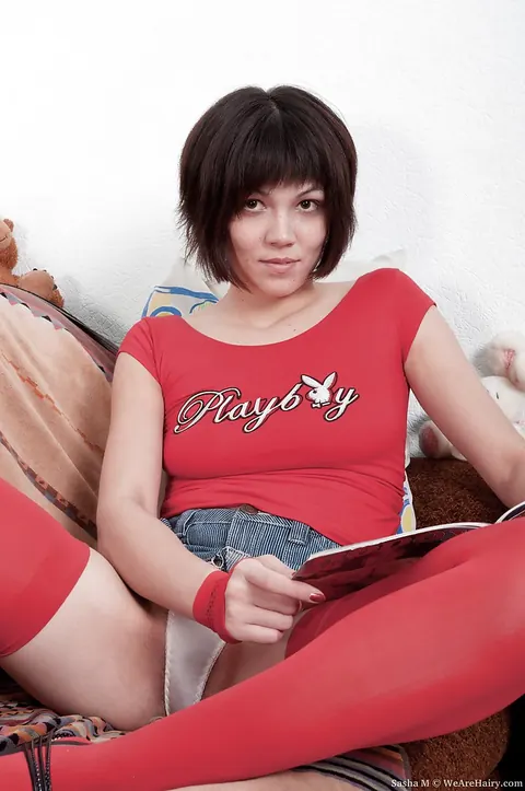Sasha M: Short-Haired Brunette Reveals Her Hairy Pussy in Red Stockings – photo 2 of 16