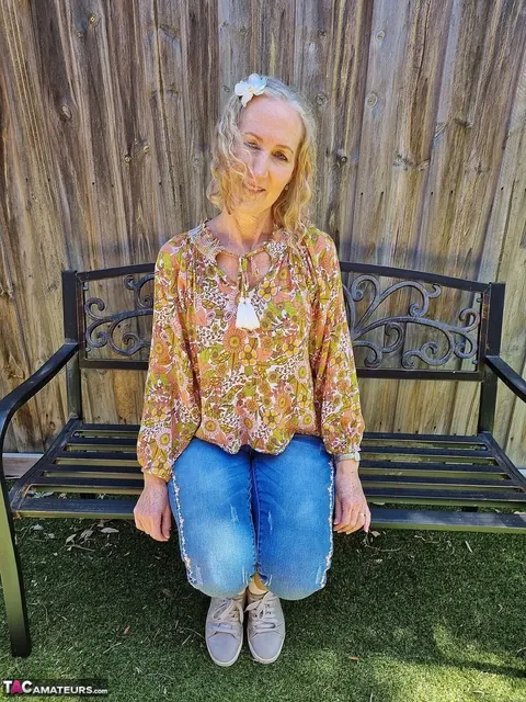 Hairy Mature Blonde Woman Spreads Outdoors in Jeans and Socks – photo 2 of 16