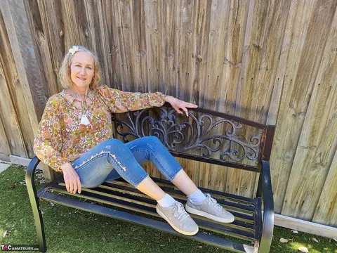 Hairy Mature Blonde Woman Spreads Outdoors in Jeans and Socks – photo 5 of 16