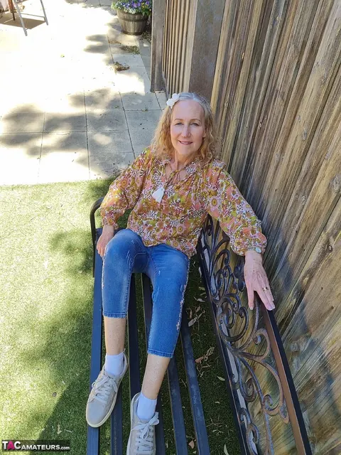 Hairy Mature Blonde Woman Spreads Outdoors in Jeans and Socks – photo 15 of 16