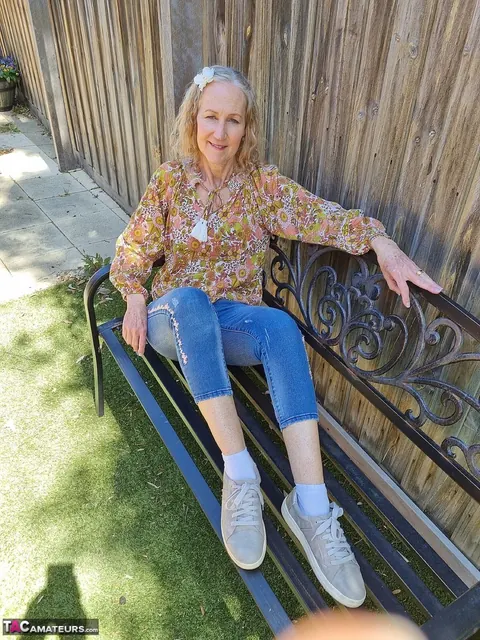 Hairy Mature Blonde Woman Spreads Outdoors in Jeans and Socks – photo 1 of 16