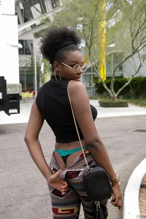 Neda Marie: Petite Ebony Babe Flashes Her Big Natural Tits Outdoors – photo 5 of 12