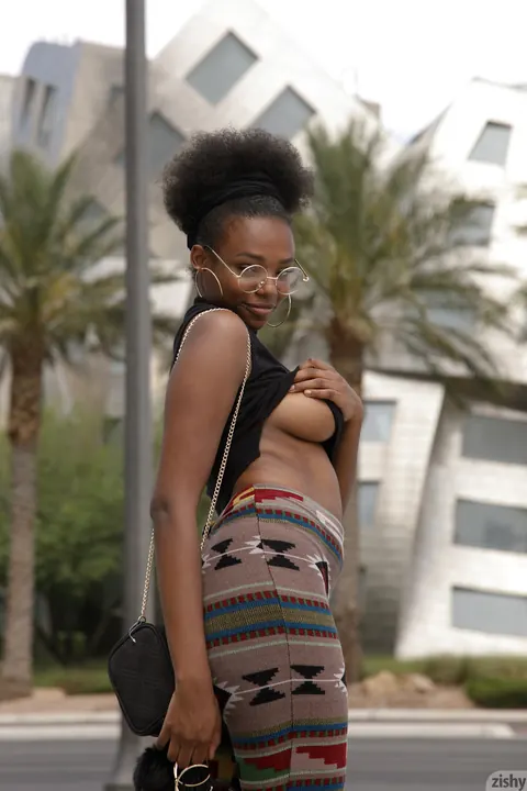 Neda Marie: Petite Ebony Babe Flashes Her Big Natural Tits Outdoors – photo 2 of 12
