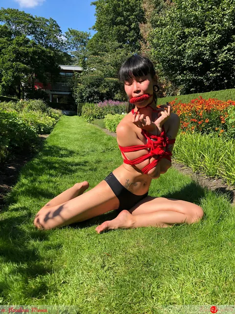 Skinny Asian Babe in a Bikini Spreads While Tied Up on the Lawn – photo 4 of 16