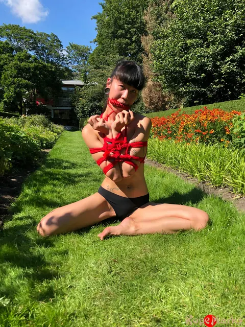 Skinny Asian Babe in a Bikini Spreads While Tied Up on the Lawn – photo 9 of 16