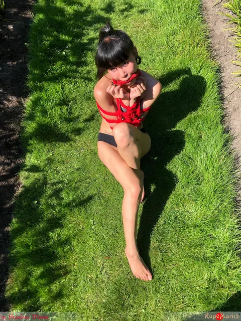 Skinny Asian Babe in a Bikini Spreads While Tied Up on the Lawn – photo 5 of 16