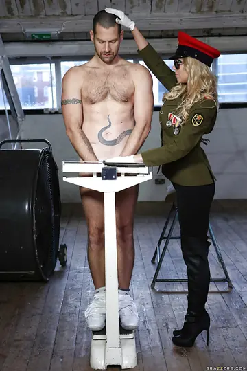 Tall Blonde Officer in Glasses Gives a Blowjob and Titjob
