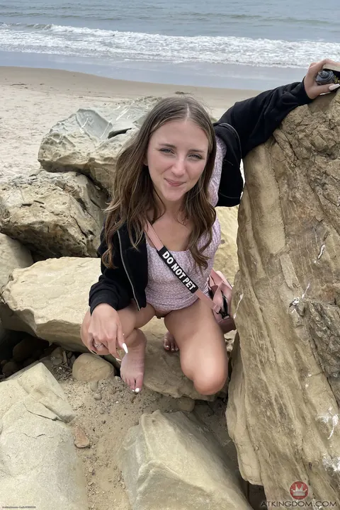 Macy Meadows: Petite Blonde Spreads Her Hairy Pussy on the Beach – photo 13 of 21