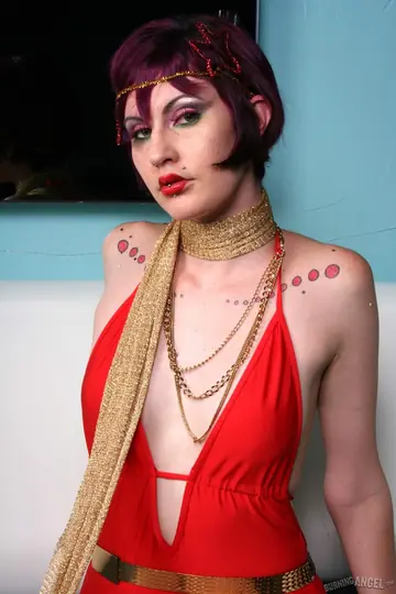 Tattooed Short-Haired Woman Peels Off Her Dress and Fingers Herself