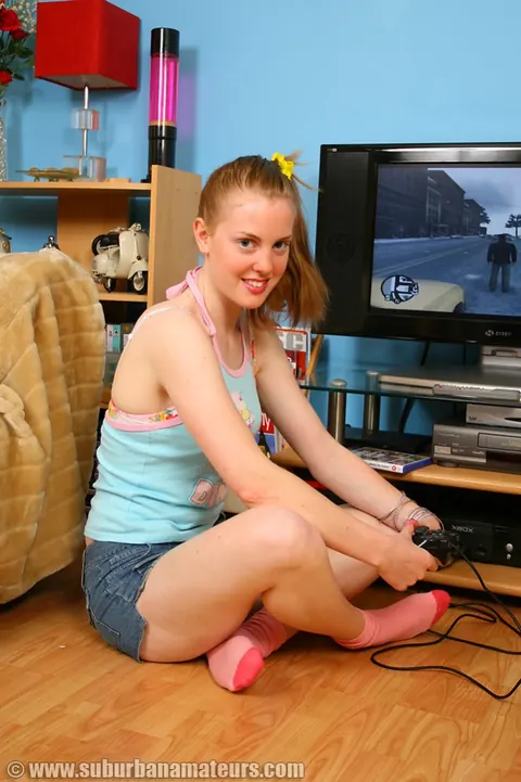 Beatrix Bliss: Busty British Brunette Poses with Joystick in Socks – photo 2 of 21