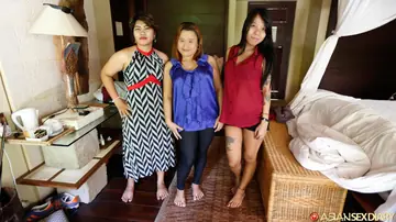 Curvy Asian Women Undress for a Foursome with a Man