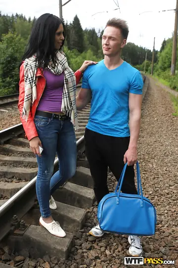 Busty Brunette in Jeans Sucks Cock and Gets Fucked in the Woods