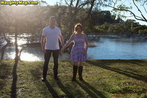 Curvy Redhead MILF Gives a Blowjob and Titjob Outdoors – photo 1 of 16