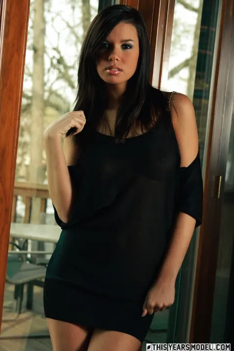 Destiny Moody: Slim Brunette Lets Black Dress Fall to Free Big Natural Tits – photo 3 of 15
