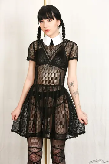 Charlotte Sartre – Tall Skinny Brunette in Pigtails Strips Off Her Dress to Spread