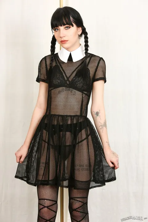 Charlotte Sartre: Tall Skinny Brunette in Pigtails Strips Off Her Dress to Spread – photo 1 of 16