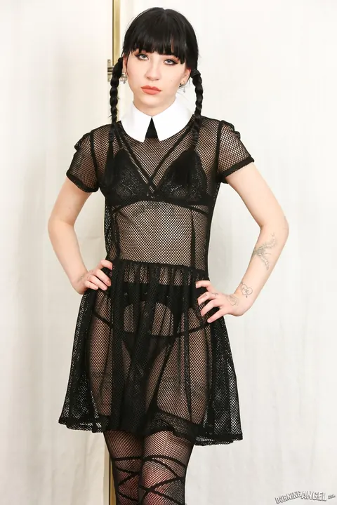 Charlotte Sartre: Tall Skinny Brunette in Pigtails Strips Off Her Dress to Spread – photo 3 of 16