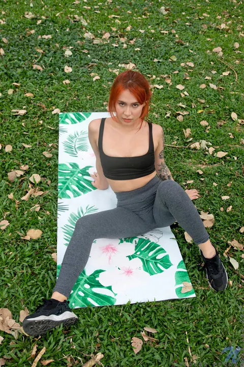 Violet Prydz: Thick Latina Redhead Poses in Yoga Pants Outdoors – photo 5 of 21
