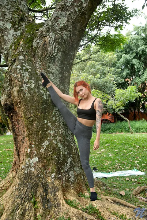 Violet Prydz: Thick Latina Redhead Poses in Yoga Pants Outdoors – photo 9 of 21
