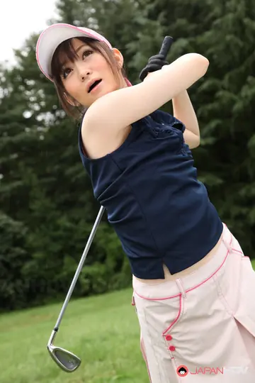 Japanese Brunette Swings Golf Club and Spreads Outdoors