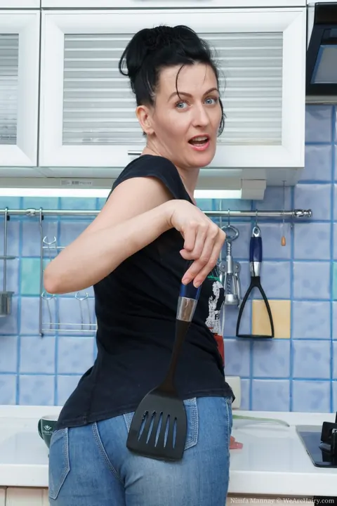 Nimfa Mannay: Tall Mature Brunette Undresses and Uses a Dildo in the Kitchen – photo 2 of 21