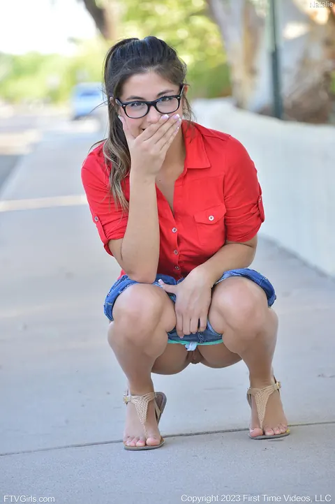 Natalie Monroe: Brunette with Pigtails Flashes Outdoors Then Fingers Herself in the Bathroom – photo 9 of 15