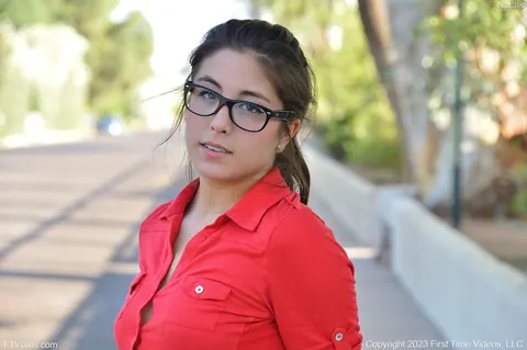 Natalie Monroe: Brunette with Pigtails Flashes Outdoors Then Fingers Herself in the Bathroom – photo 5 of 15