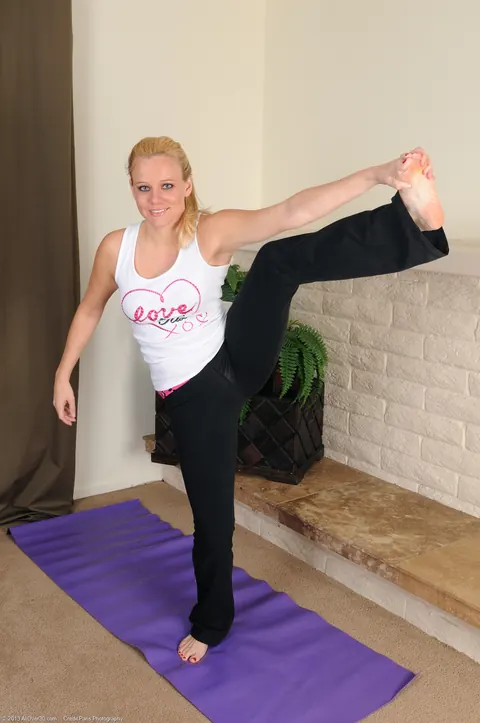 Lilly Swan: Petite Blonde MILF Strips on the Gym Mat – photo 1 of 21