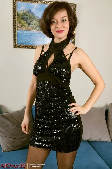 Thick Brunette MILF Peels Off Her Cocktail Dress and Sheer Pantyhose