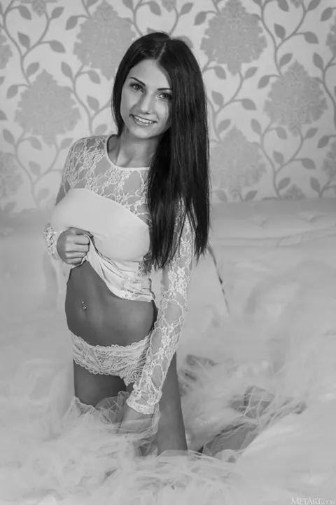 Brunette with Big Tits and Pierced Nipples Spreads Her Shaved Pussy – photo 17 of 21