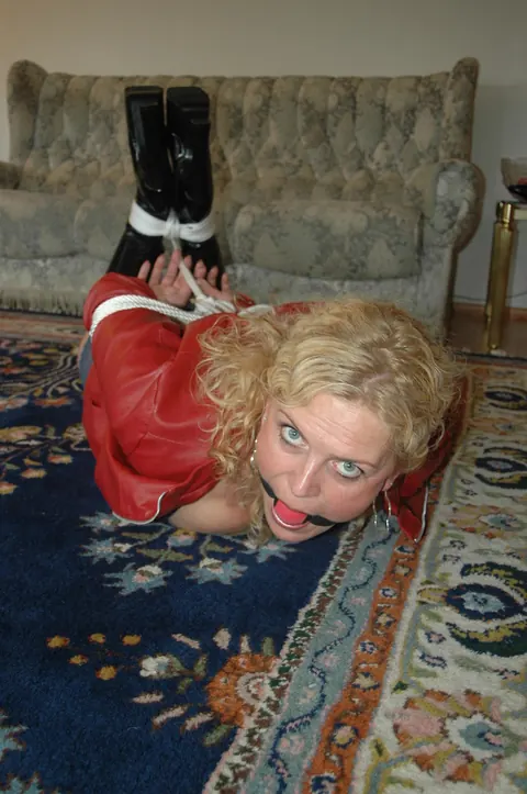 Blonde in Leather Lingerie Gets Bound and Ball Gagged – photo 14 of 16