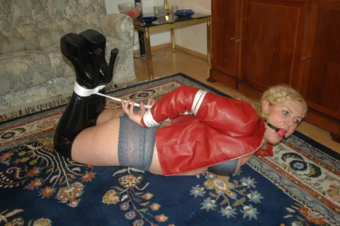 Blonde in Leather Lingerie Gets Bound and Ball Gagged – photo 12 of 16