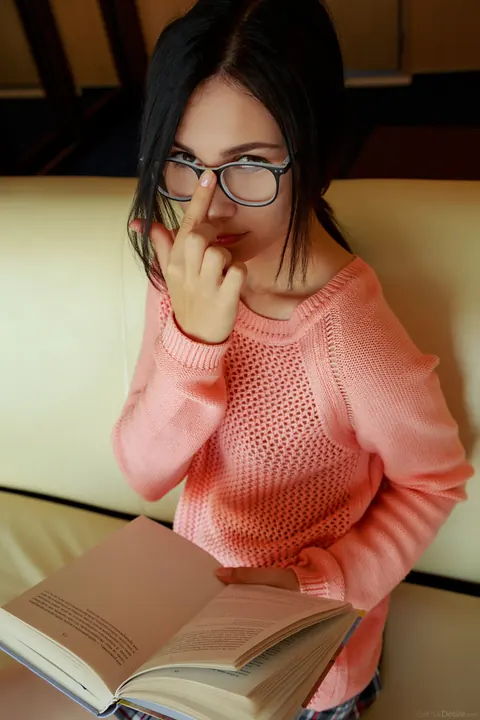 Alla B: Brunette in Glasses Undresses and Fingers Her Pussy – photo 1 of 21